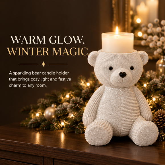 The GlowBear™ bear candle holder styled on a festive holiday table