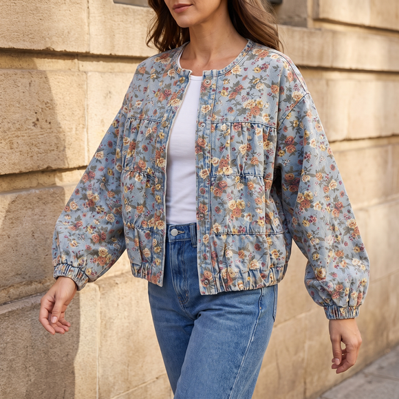 In Full Bloom Denim Jacket on display